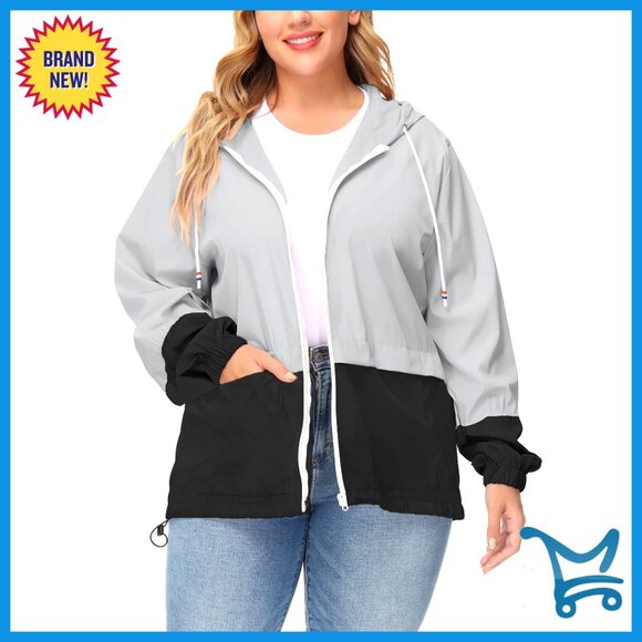 Plus Size Waterproof Rain Jacket Packable Hooded Windbreaker Outdoor